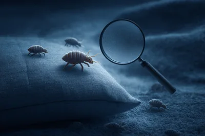 Bed Bugs Crawling On A Pillow Under Magnifying Glass