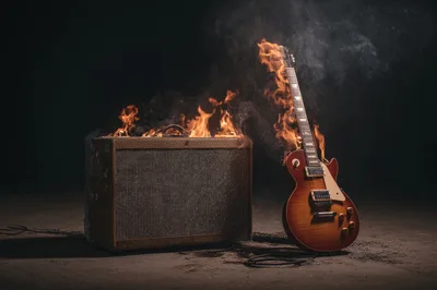 Electric Guitar And Amplifier Engulfed In Flames
