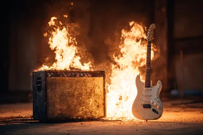 Electric Guitar And Amplifier Engulfed In Intense Flames
