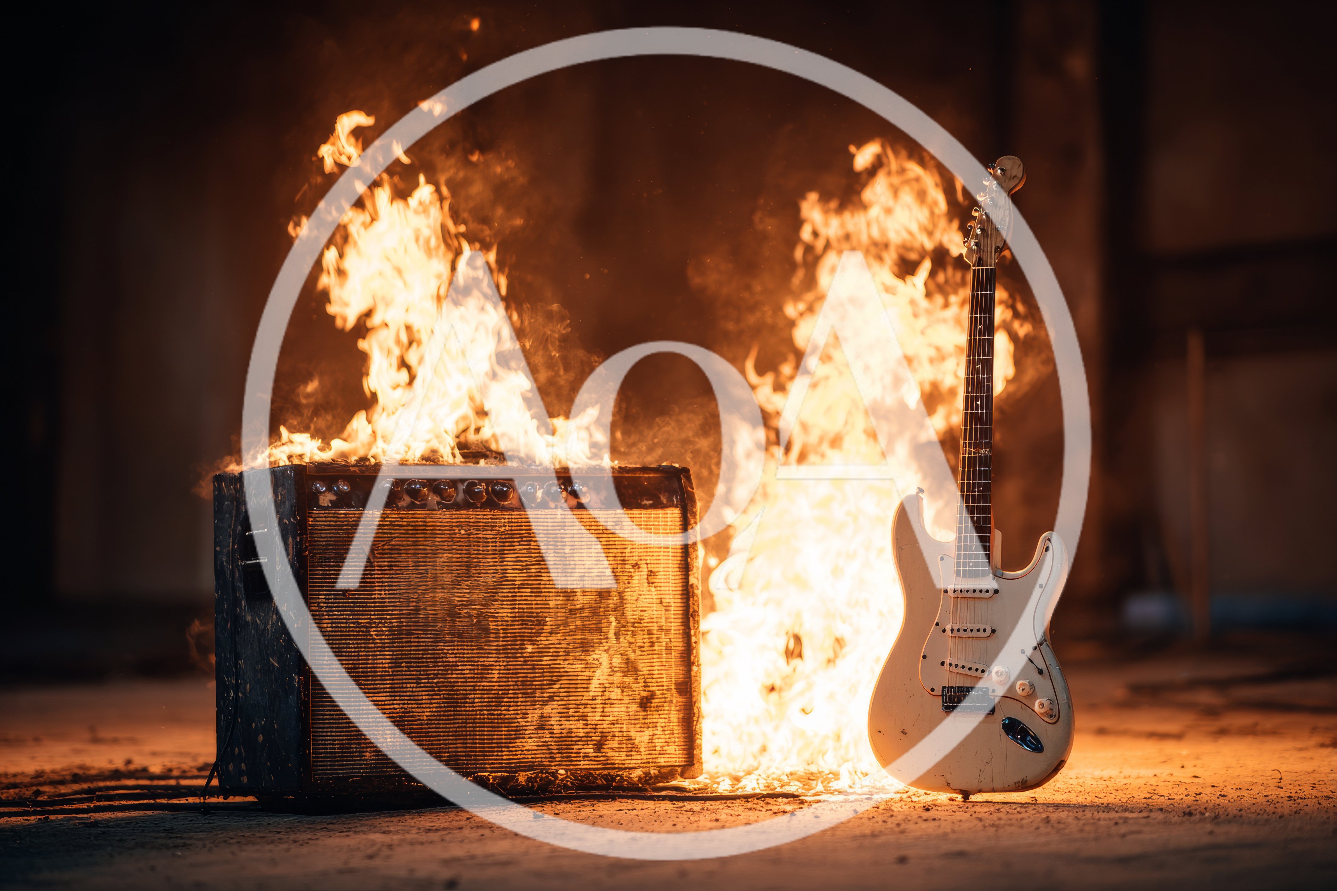 Electric Guitar And Amplifier Engulfed In Intense Flames