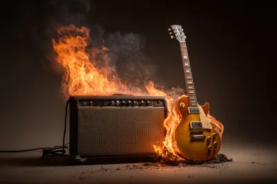 Electric Guitar And Amplifier Engulfed In Intense Flames