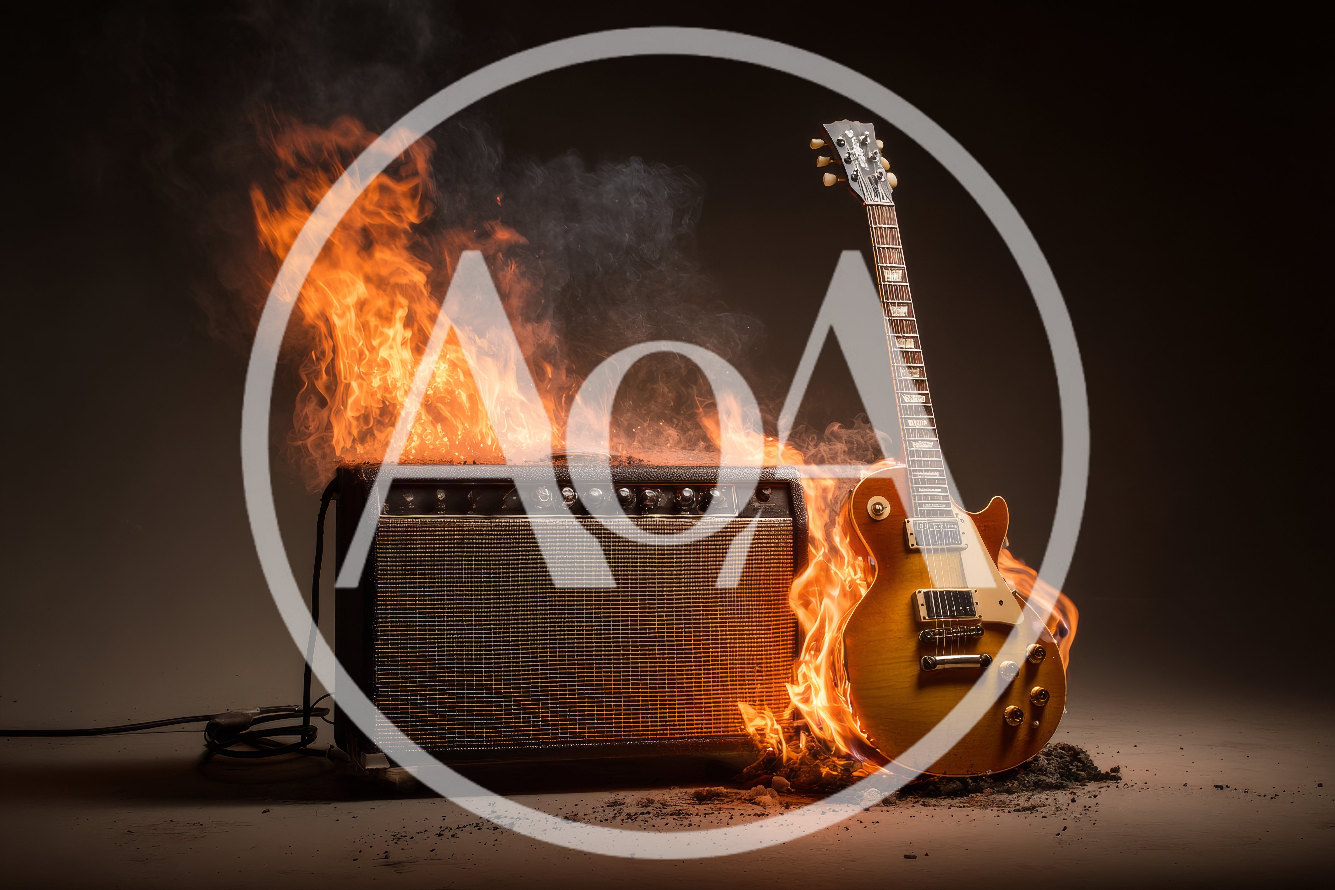 Electric Guitar And Amplifier Engulfed In Intense Flames