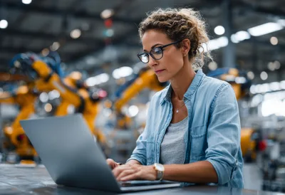 Female Engineer Working On Laptop In Industrial Factory