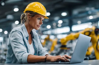 Female Engineer Working On Laptop In Industrial Factory