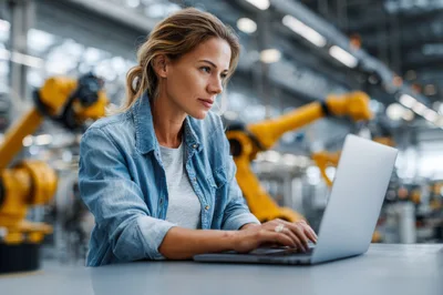 Female Engineer Working On Laptop In Automated Factory