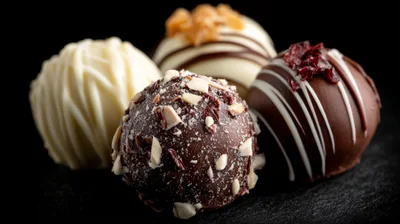 Gourmet Chocolate Truffles on Dark Slate Background