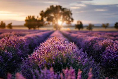 Lavender Field at Sunset with Sun Flare