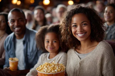 Happy Family Eating Popcorn at a Movie Theater