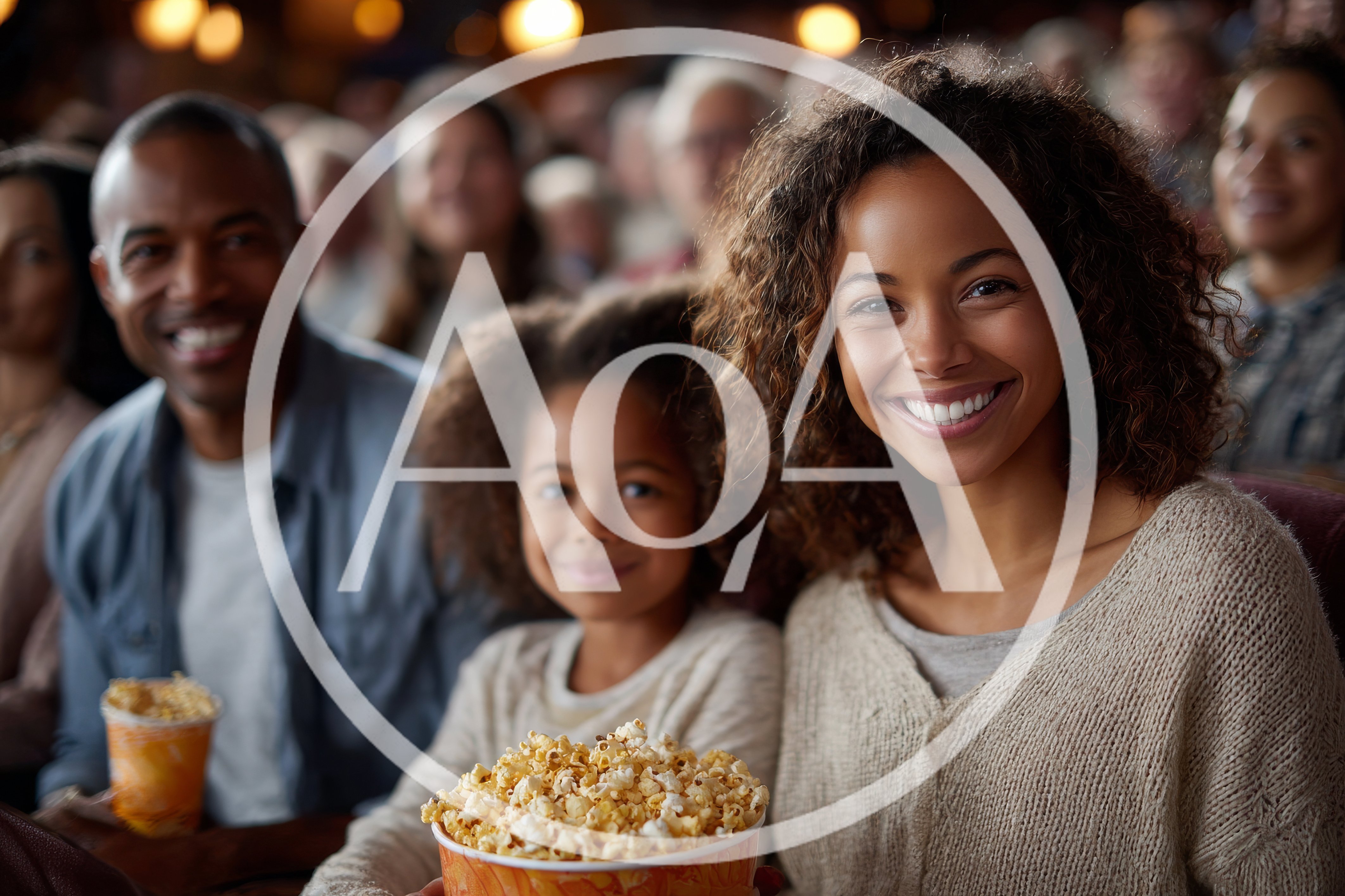 Happy Family Eating Popcorn at a Movie Theater