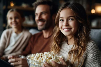 Happy Family Watching Movie With Popcorn