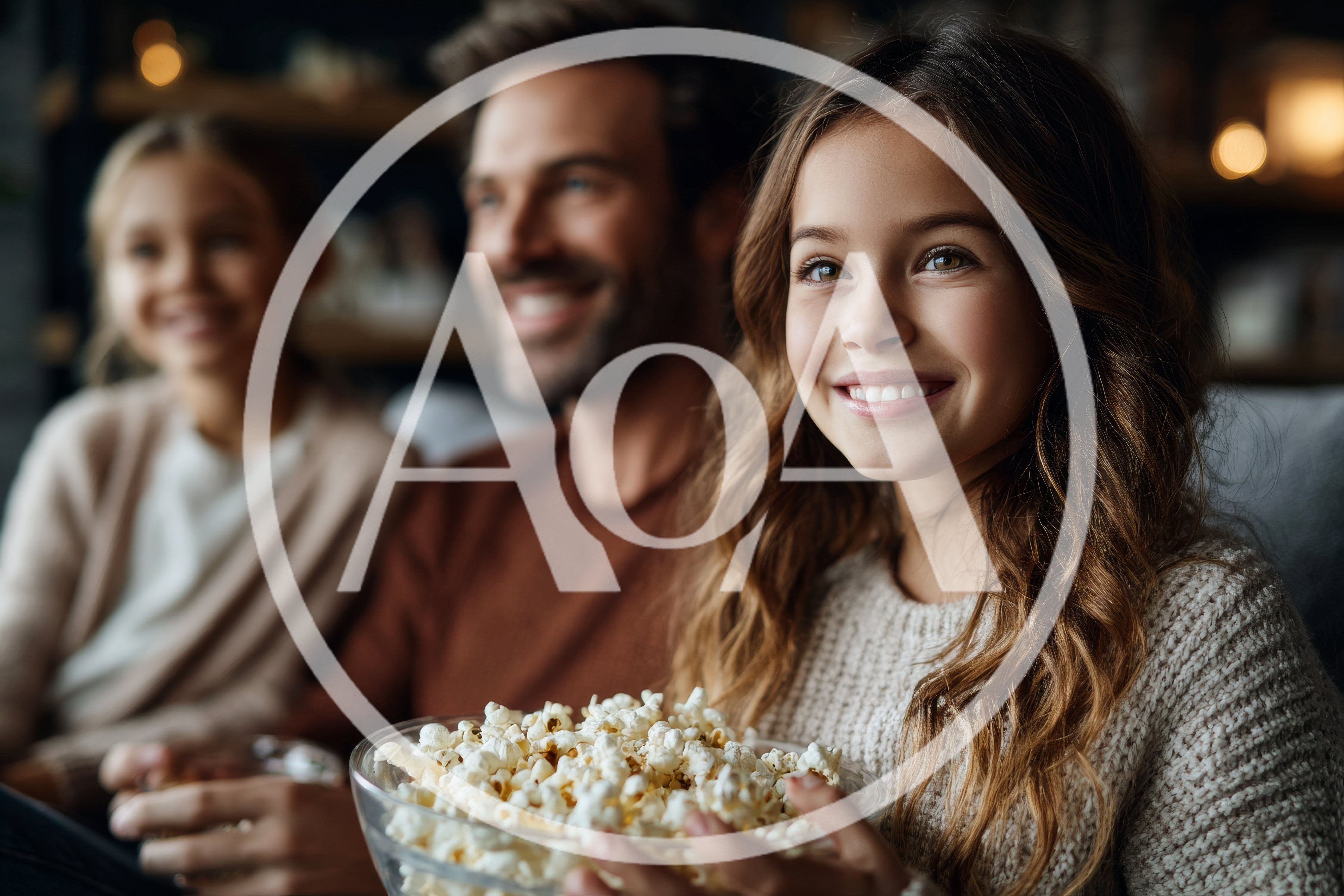 Happy Family Watching Movie With Popcorn
