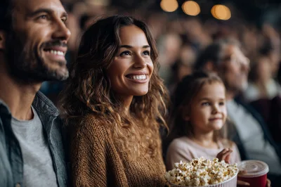 Family Enjoying A Movie In A Crowded Theater