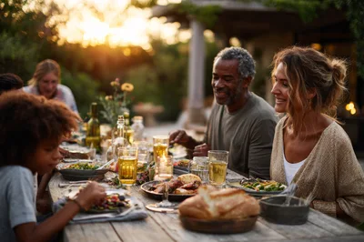 Diverse Family Enjoying Outdoor Dinner At Sunset