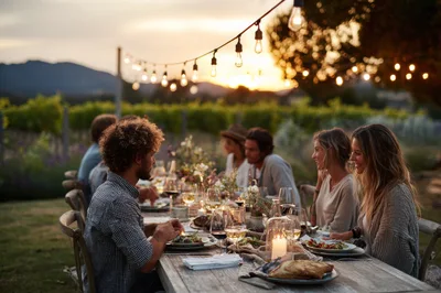 Friends Enjoying Outdoor Dinner Party At Vineyard Sunset