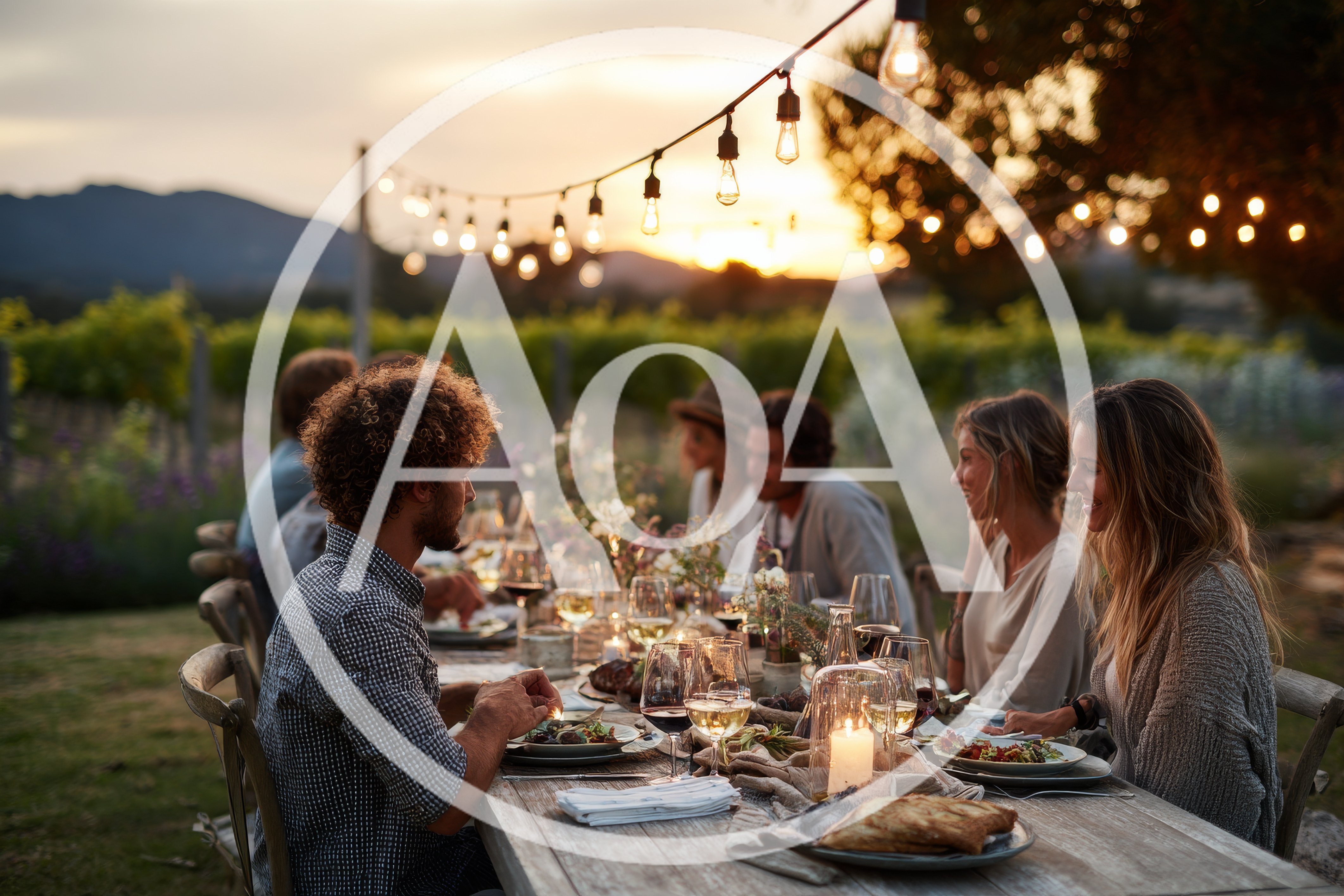 Friends Enjoying Outdoor Dinner Party At Vineyard Sunset