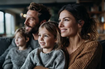 Happy Family Watching Television Together At Home