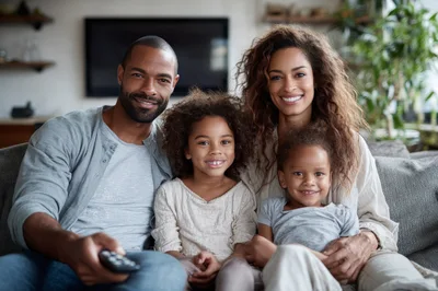 Happy Family Watching Television Together At Home