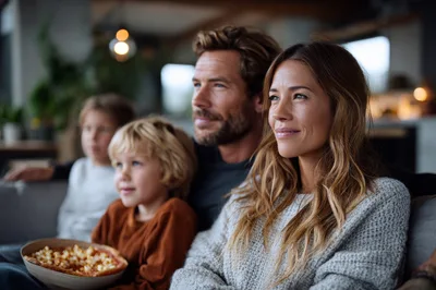 Family Watching Television Together In A Cozy Living Room