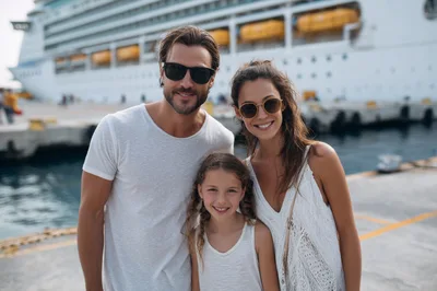 Happy Family Posing In Front Of A Cruise Ship