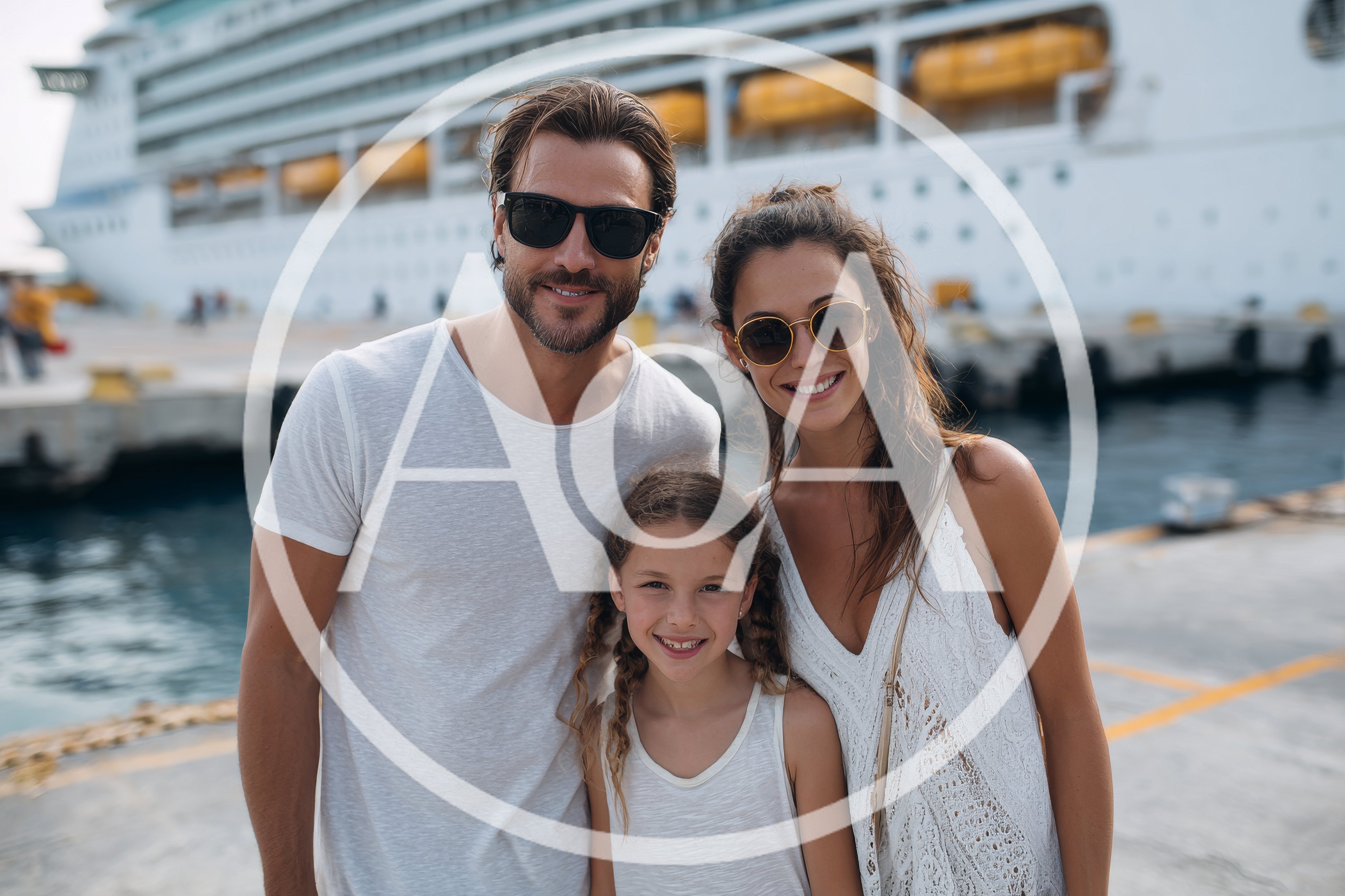Happy Family Posing In Front Of A Cruise Ship