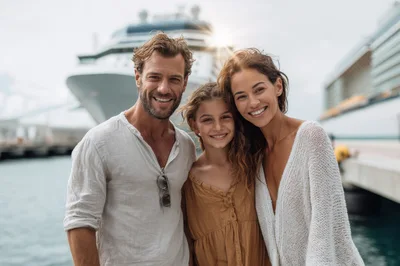Happy Family Standing Together At A Cruise Port