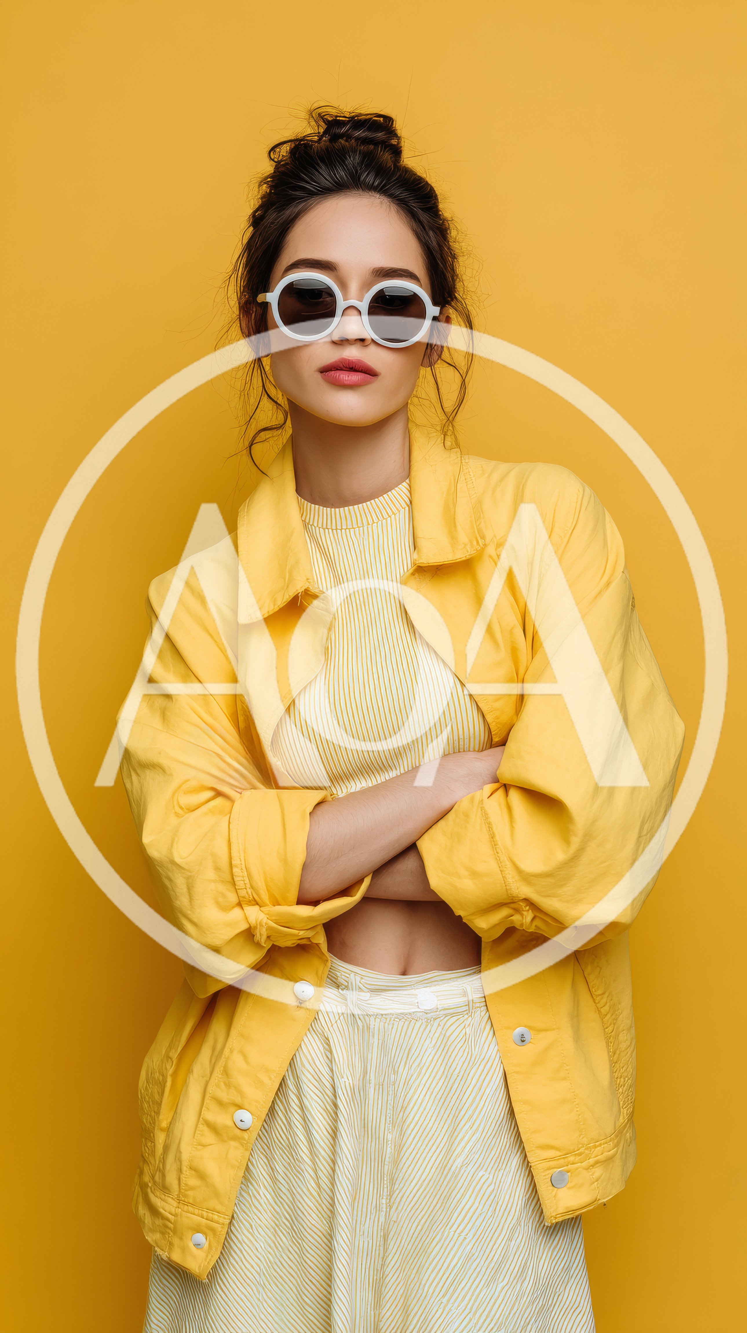 Stylish Young Woman Posing In Yellow Outfit