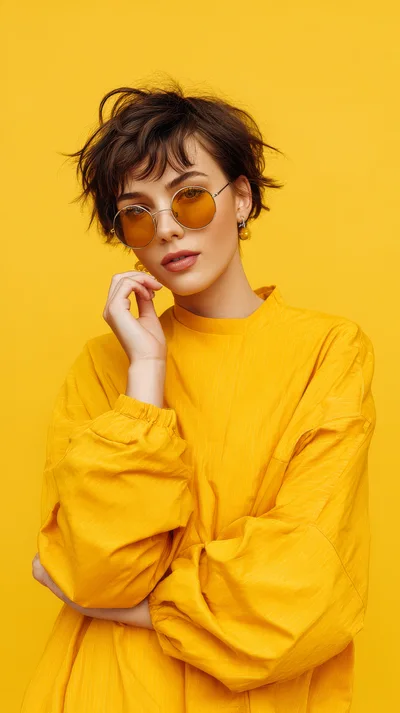 Stylish Young Woman Posing In Yellow Outfit And Sunglasses