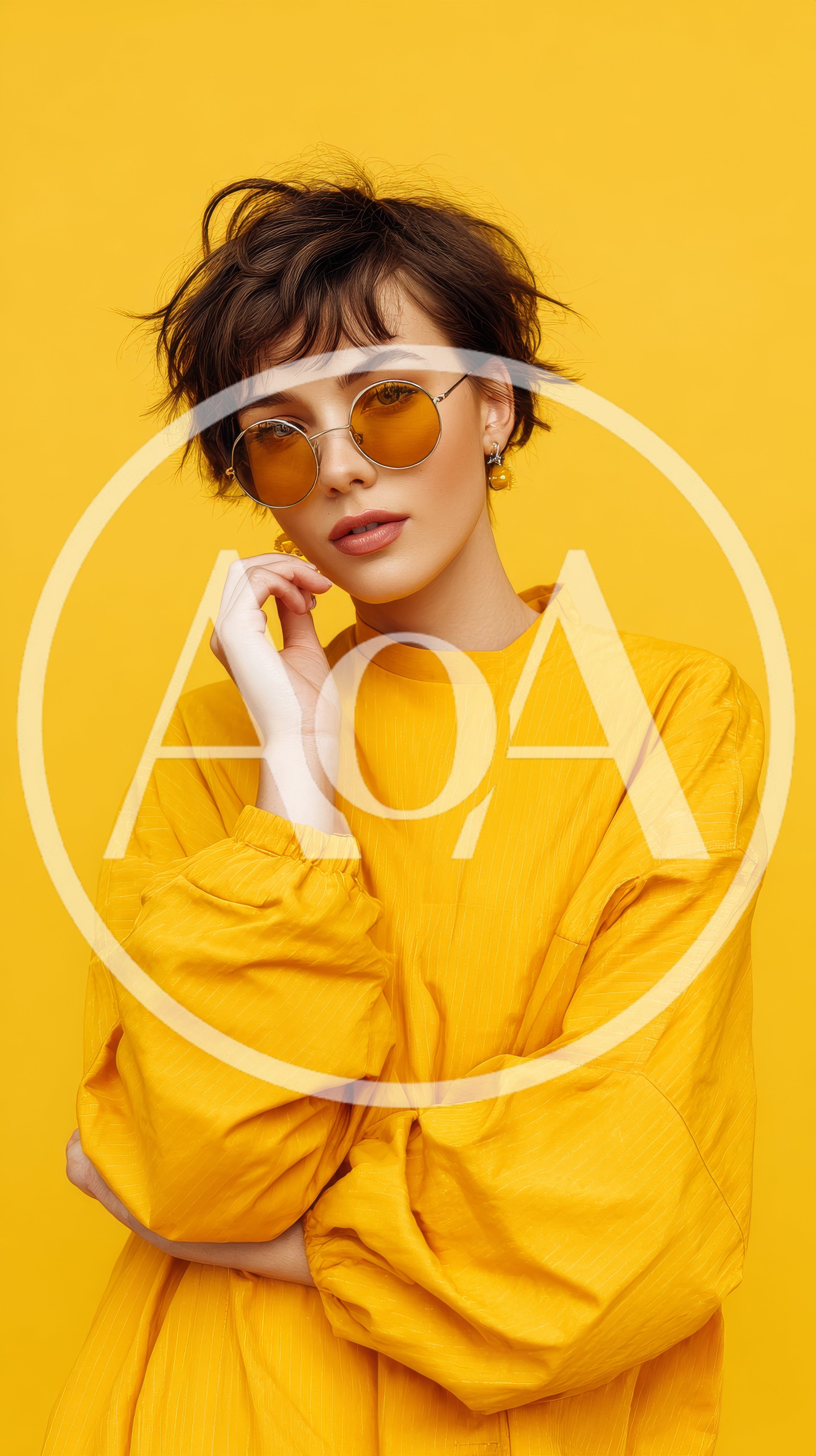 Stylish Young Woman Posing In Yellow Outfit And Sunglasses