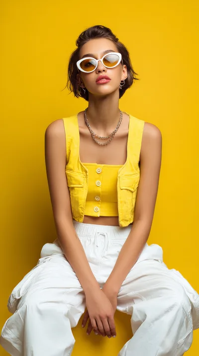 Stylish Young Woman Posing In Yellow Vest And Sunglasses
