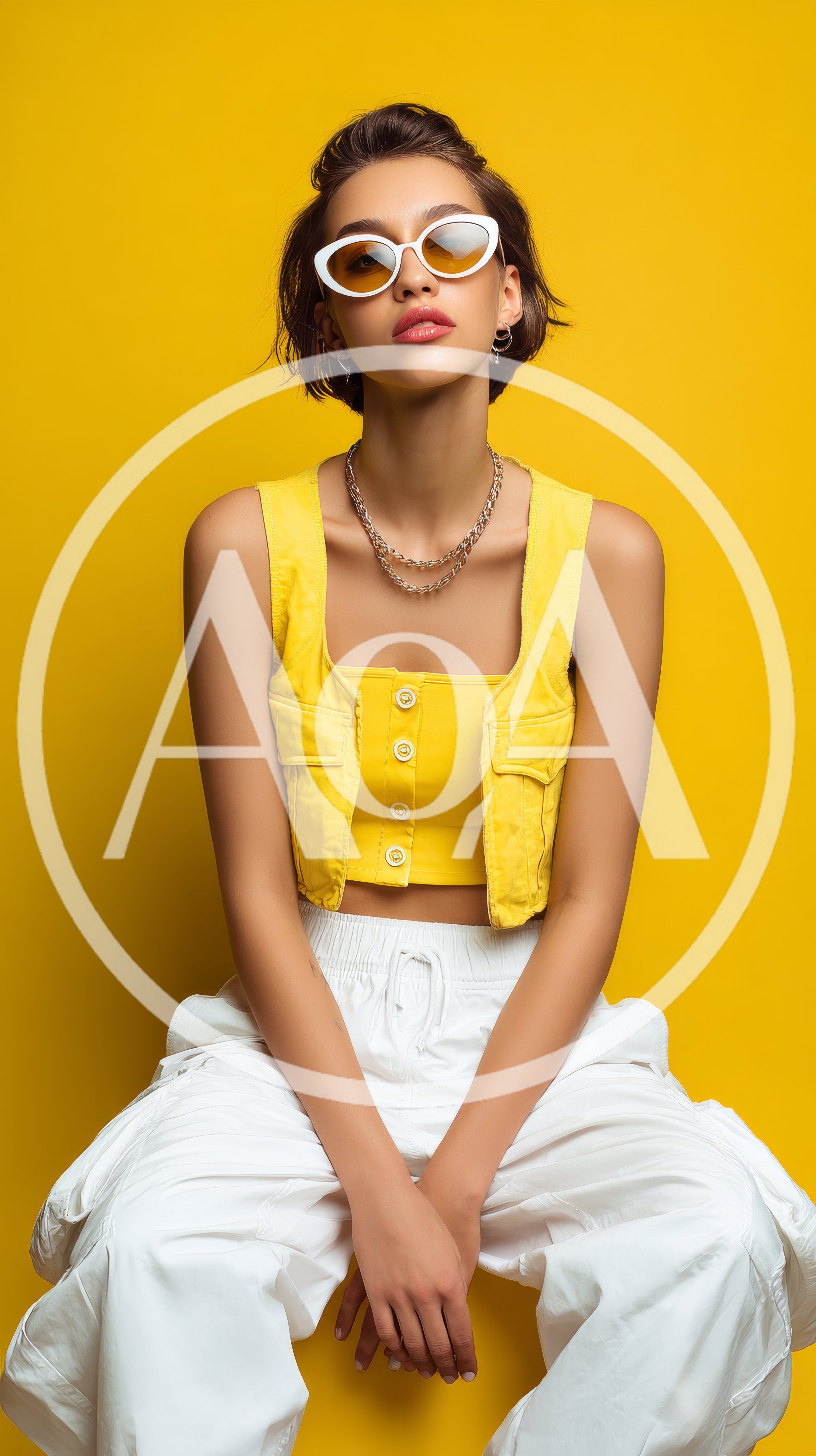 Stylish Young Woman Posing In Yellow Vest And Sunglasses