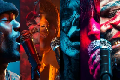 Collage Of Diverse Musicians Singing Into Microphones