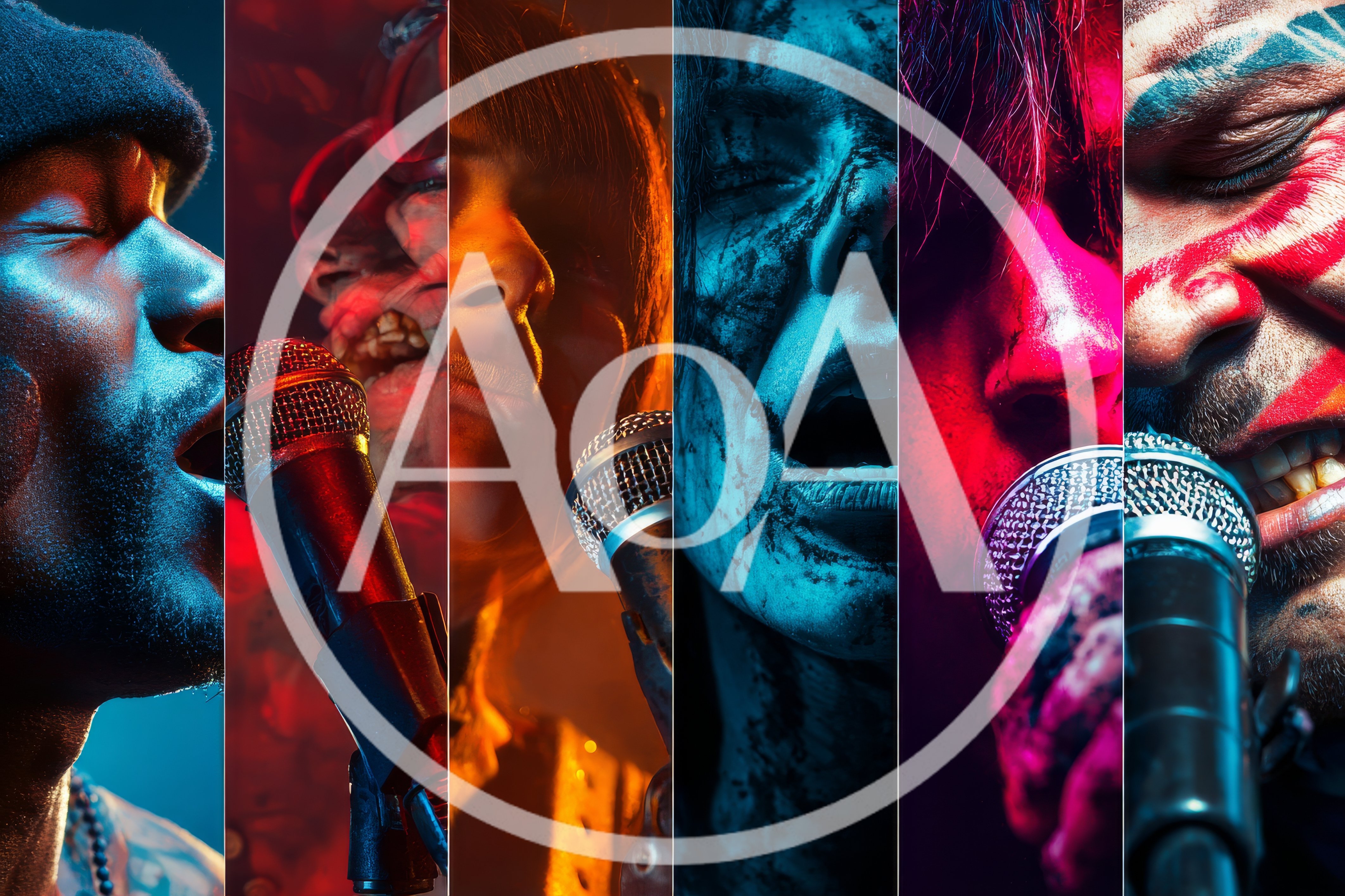 Collage Of Diverse Musicians Singing Into Microphones