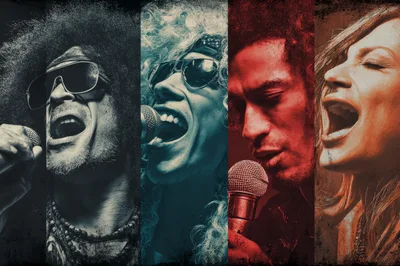 Four Diverse Vocalists Performing Into Microphones In Split Screen