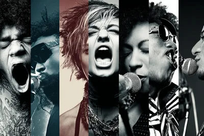 Collage Of Diverse Musicians Singing Into Microphones