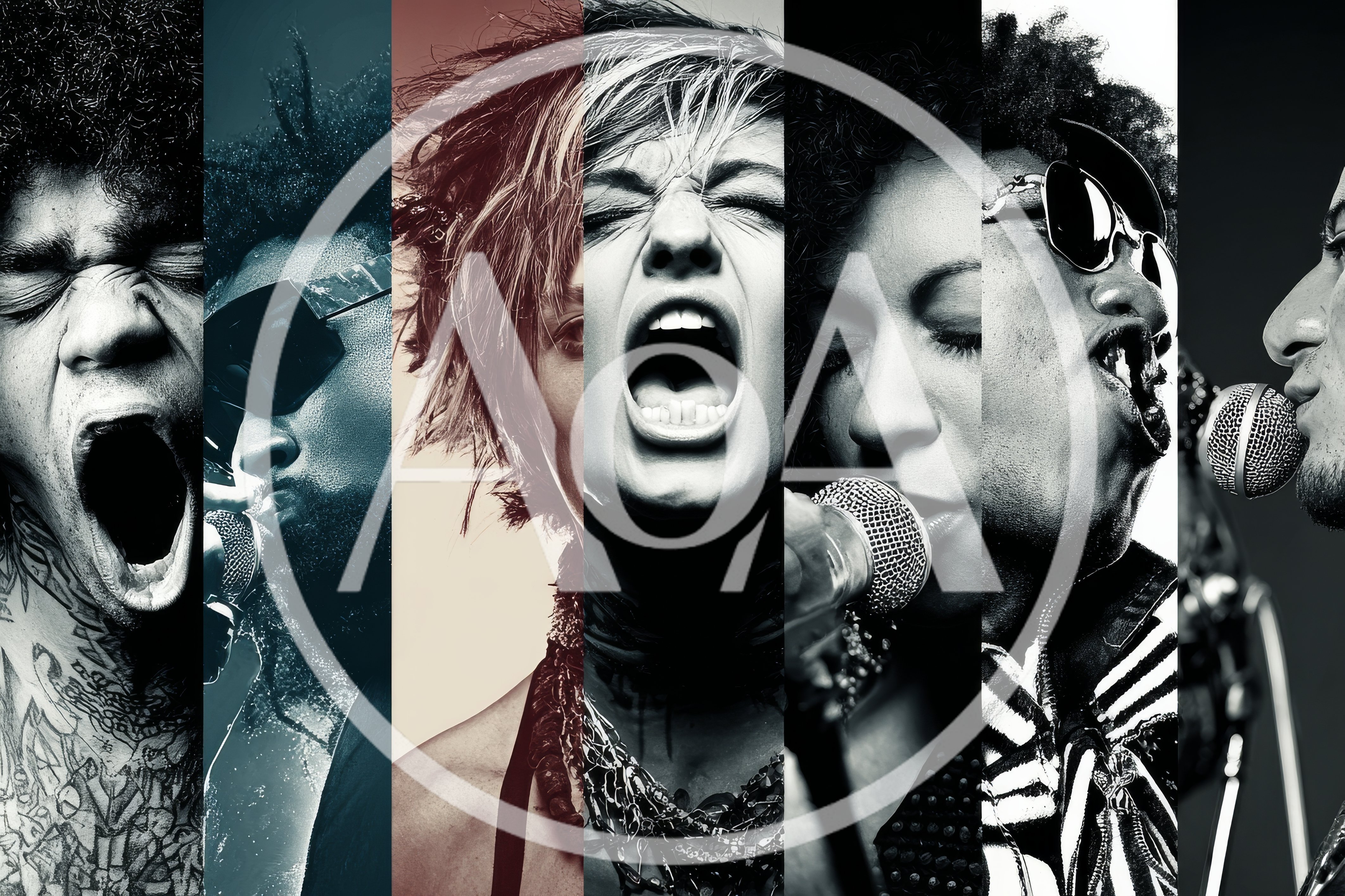 Collage Of Diverse Musicians Singing Into Microphones