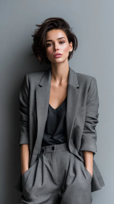 Portrait Of A Stylish Woman In A Grey Suit