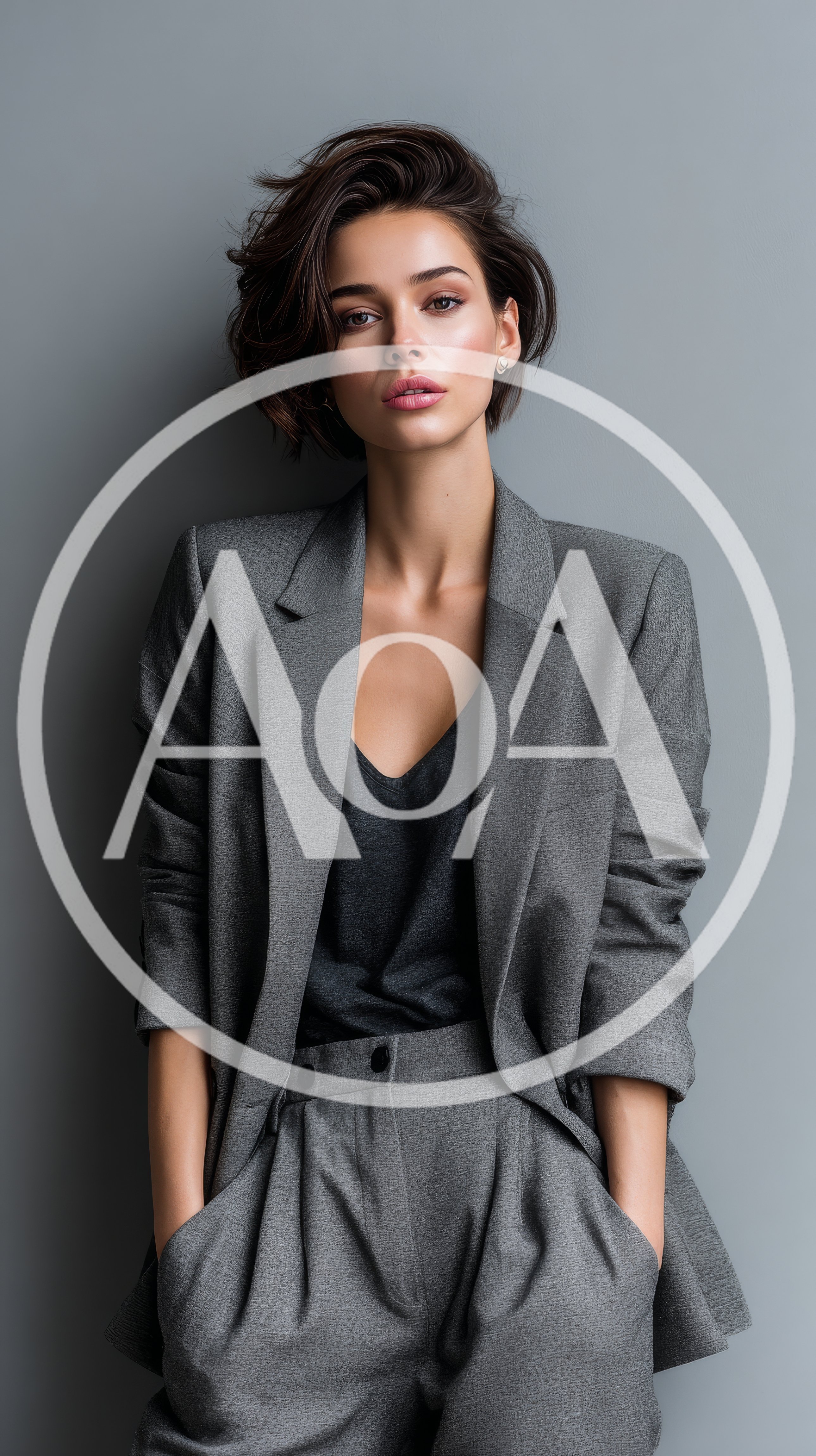 Portrait Of A Stylish Woman In A Grey Suit