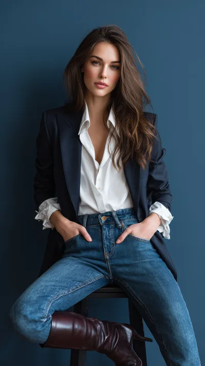 Stylish Woman Sitting On Stool In Professional Attire