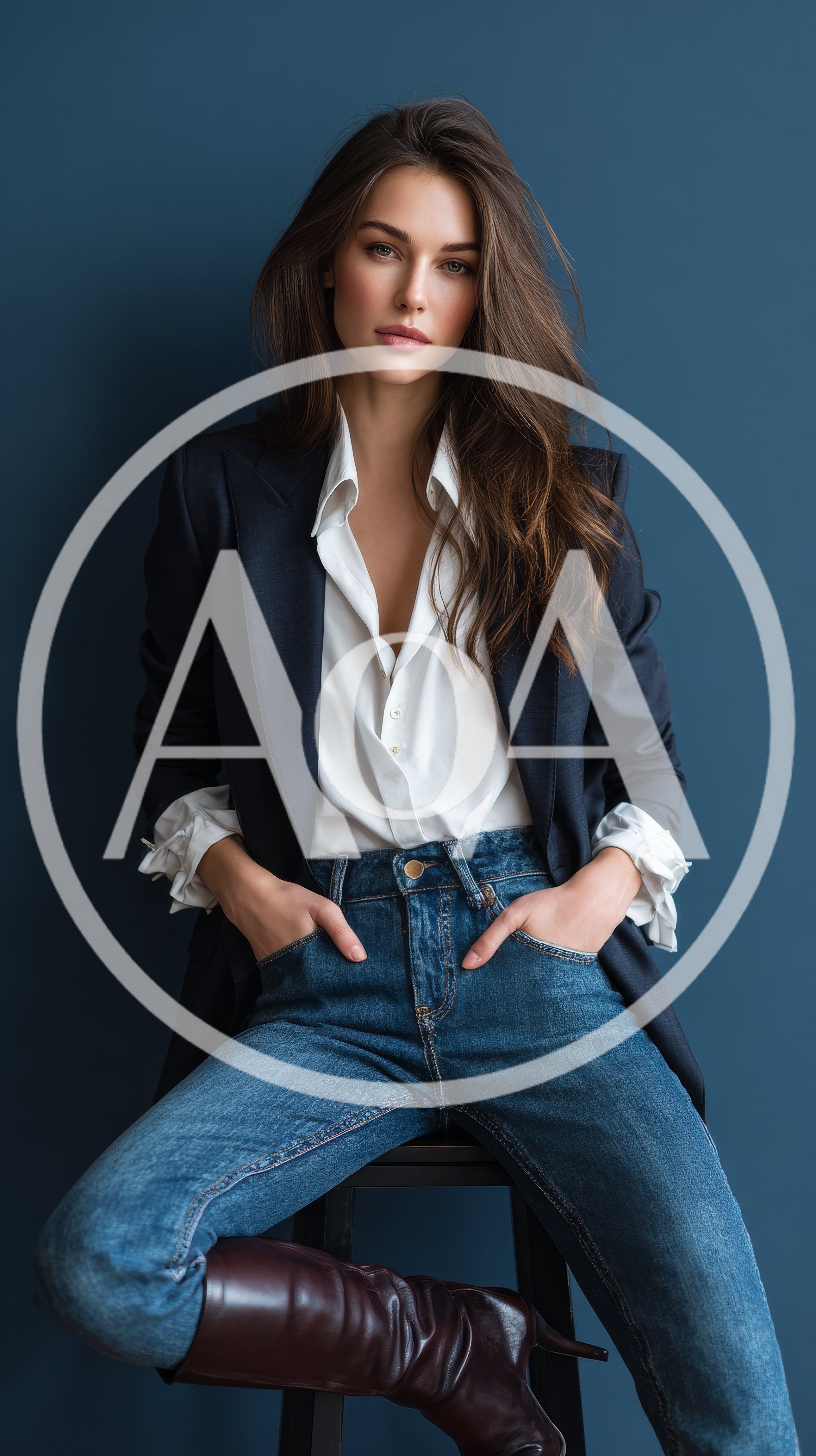 Stylish Woman Sitting On Stool In Professional Attire