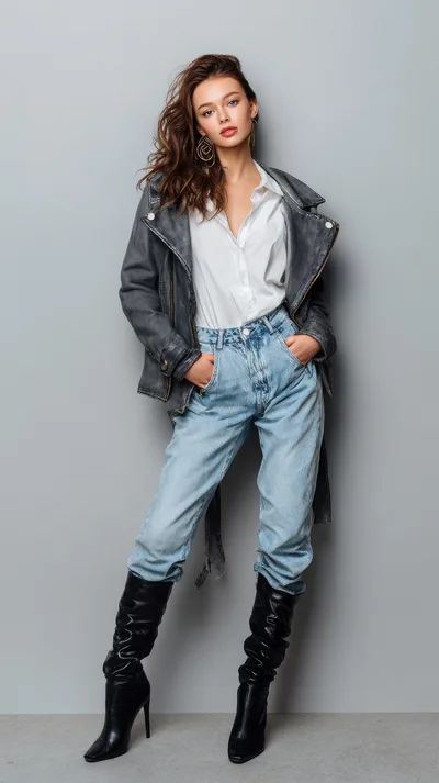 Fashionable Young Woman Posing In Denim And Leather