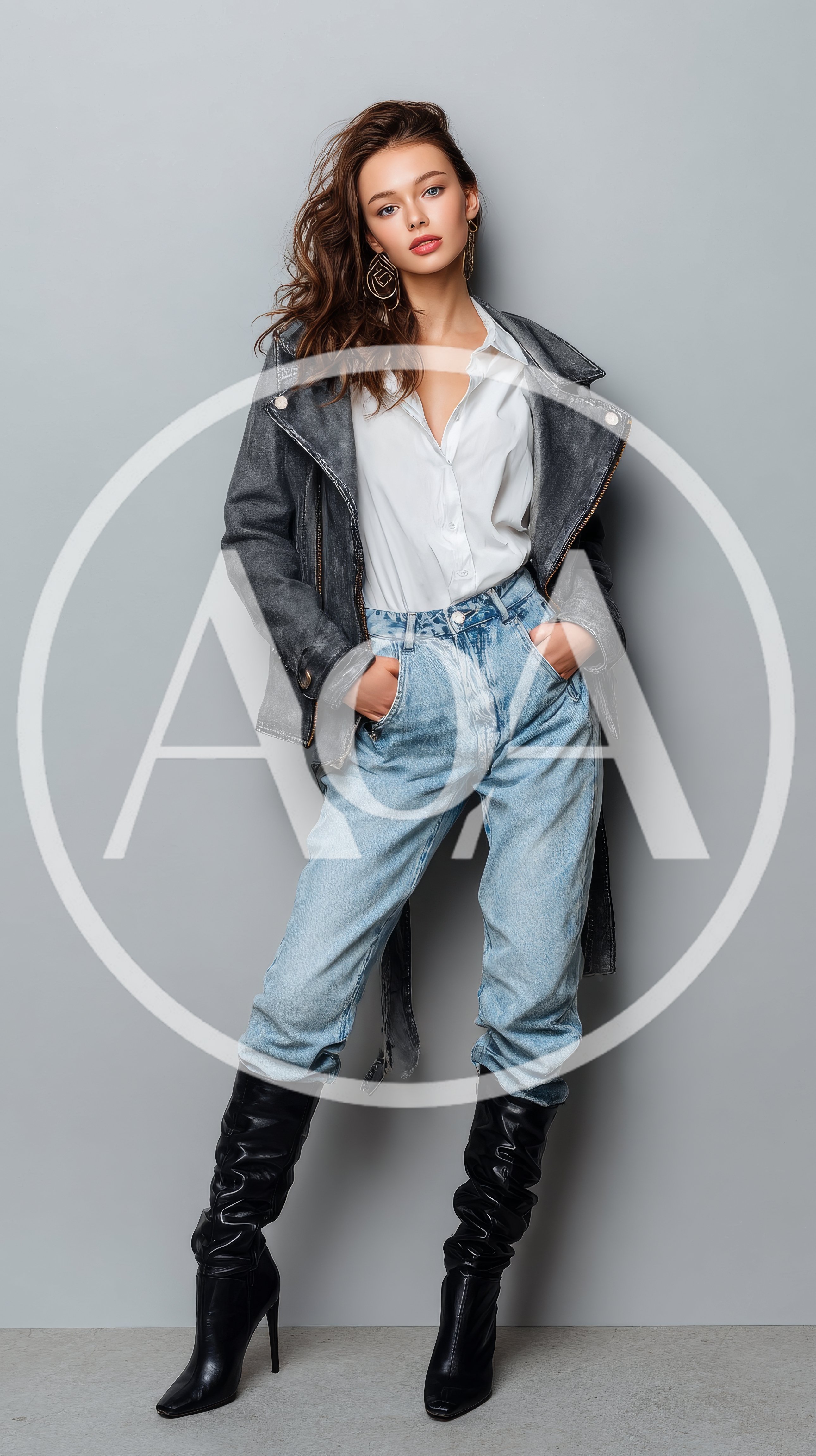 Fashionable Young Woman Posing In Denim And Leather
