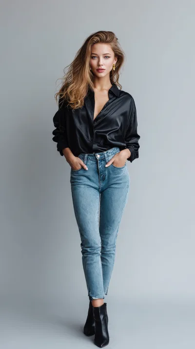 Fashionable Young Woman Posing In Black Silk Shirt