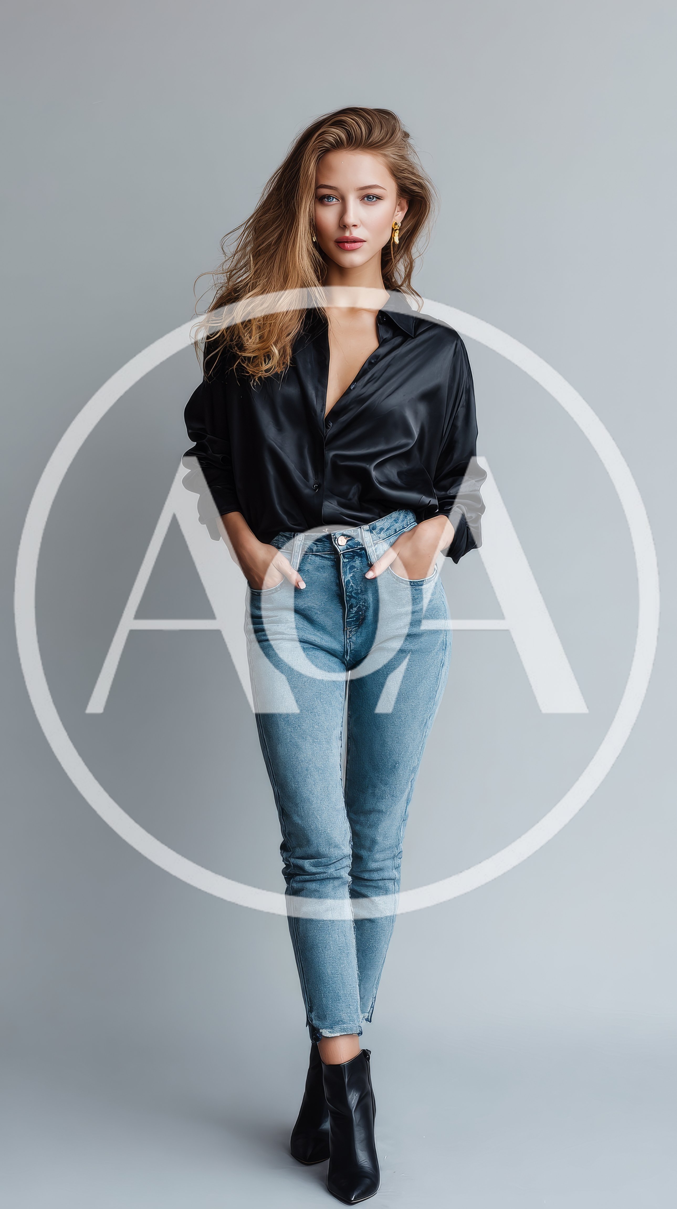 Fashionable Young Woman Posing In Black Silk Shirt