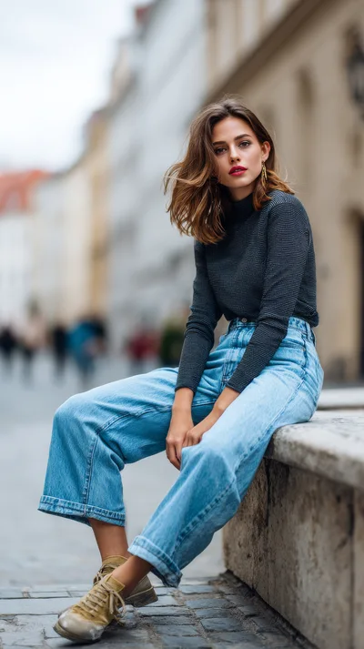 Stylish Young Woman Sitting On Stone Wall In City