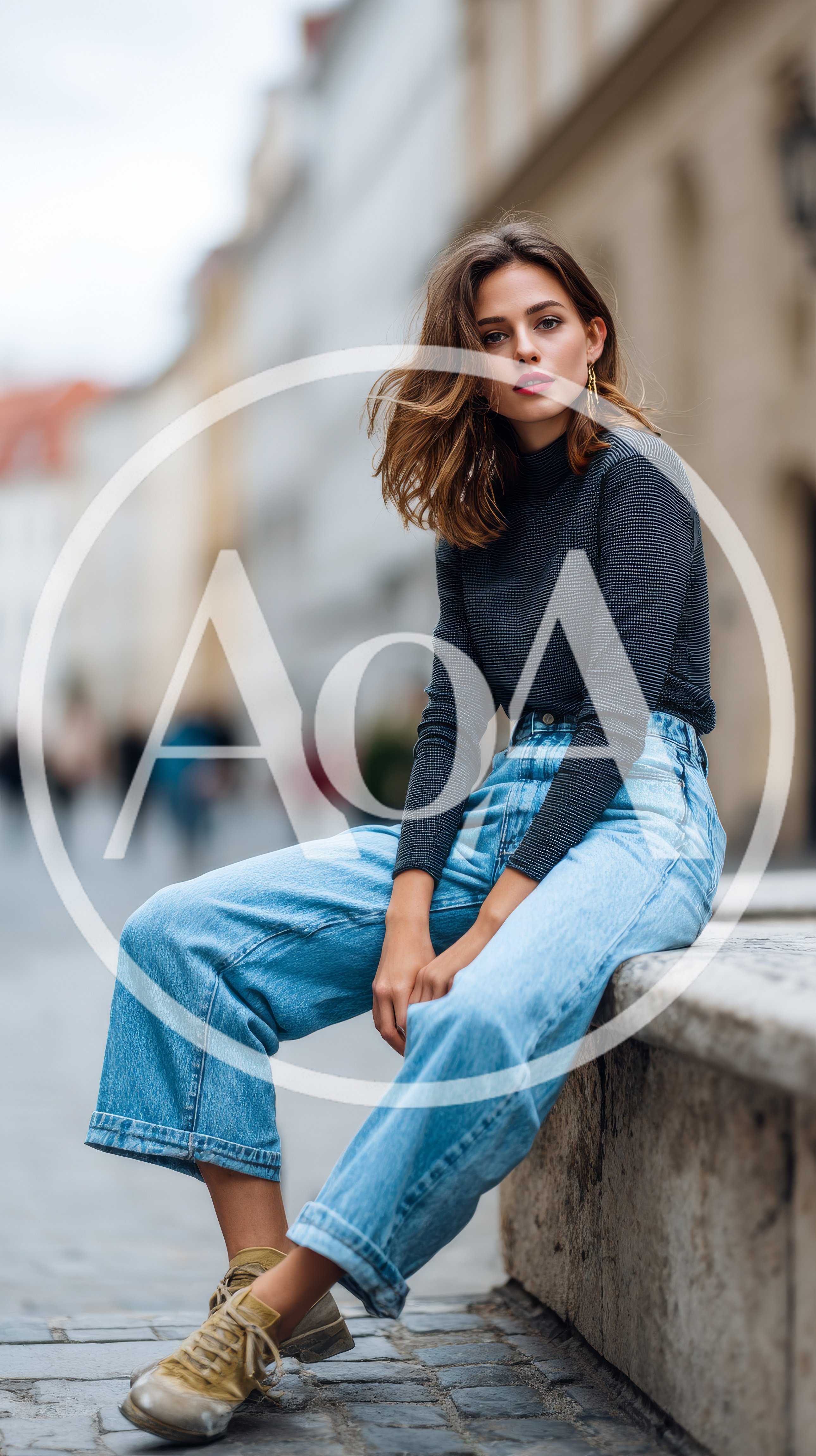 Stylish Young Woman Sitting On Stone Wall In City