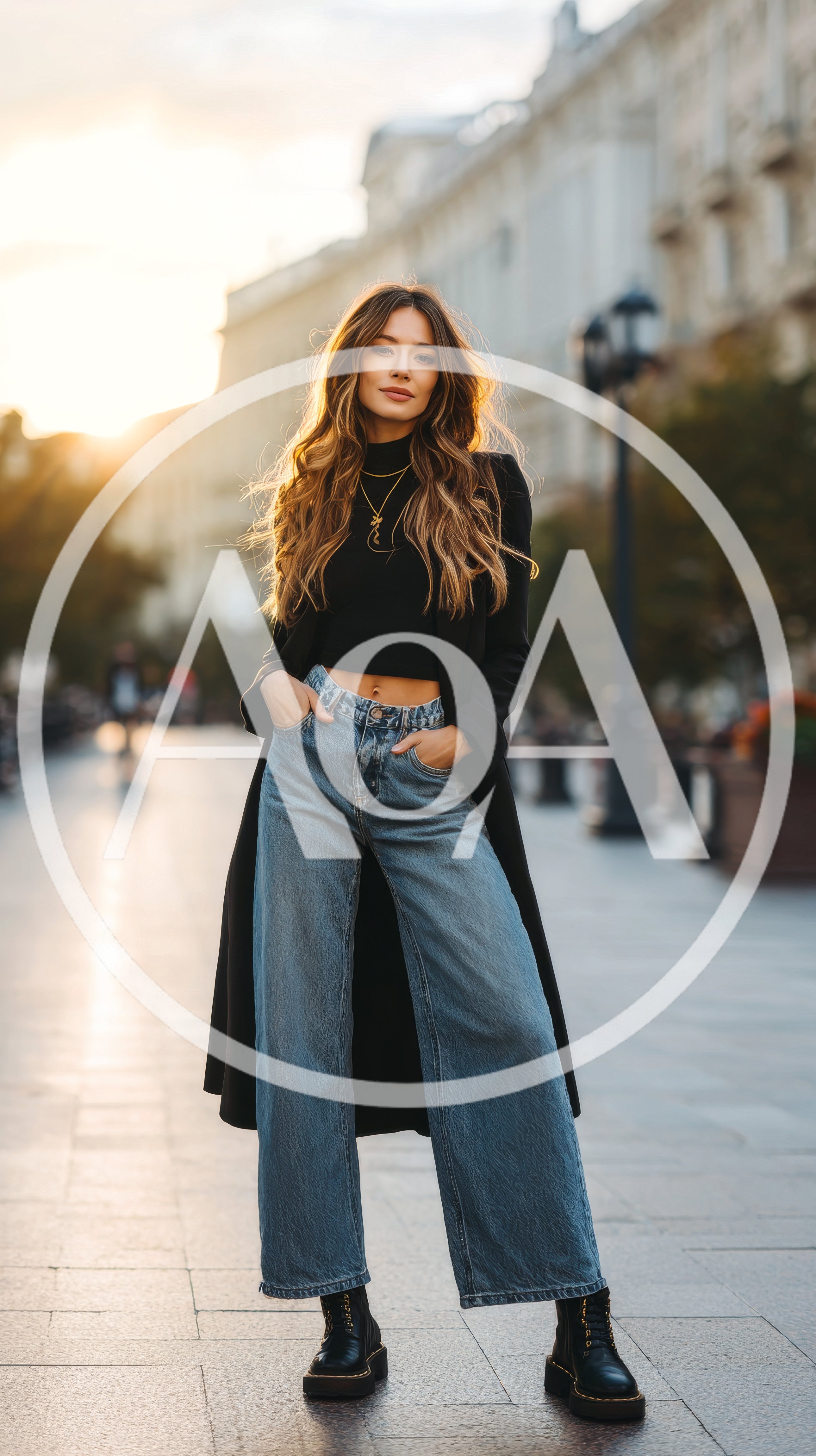 Stylish Young Woman Posing In City Street At Sunset