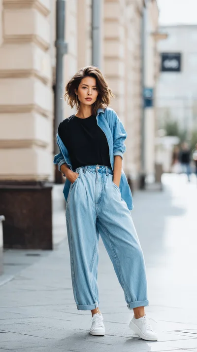 Stylish Young Woman Posing in Denim Outfit on City Street