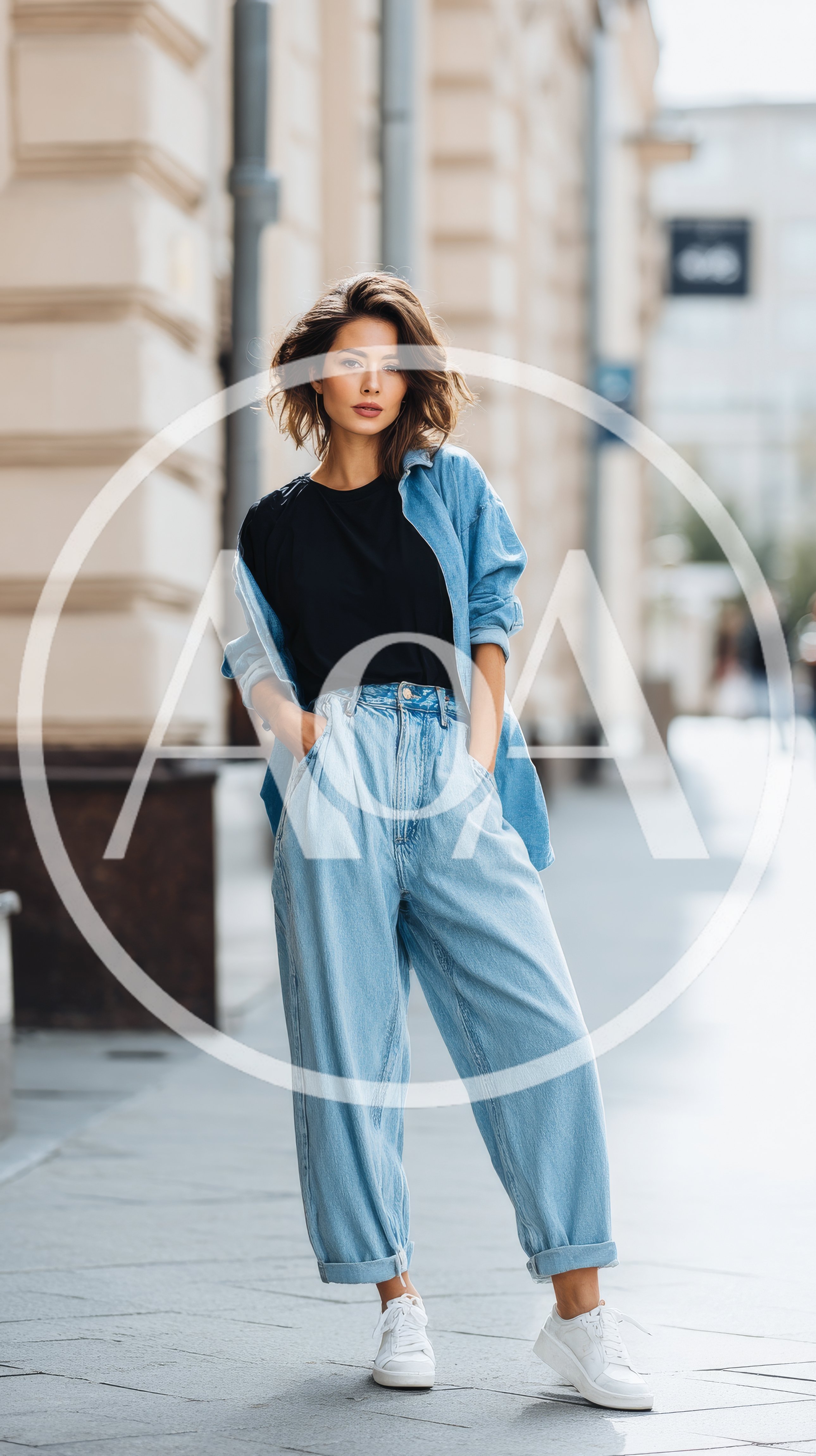 Stylish Young Woman Posing in Denim Outfit on City Street