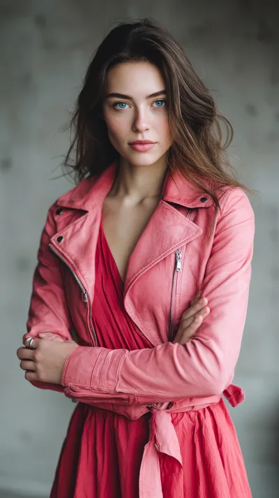 Portrait Of A Young Woman In Pink Leather Jacket