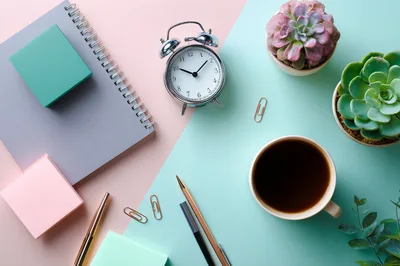 Flat Lay Office Desk With Stationery And Coffee